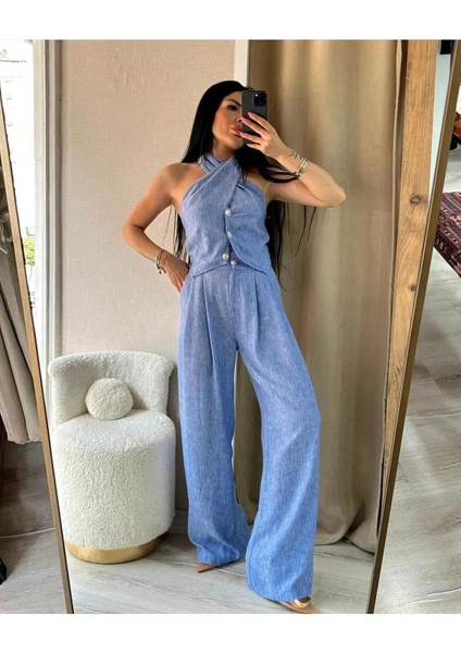 Mavi Boyundan Bağlamalı Bluz Pantolon Ikili Takım