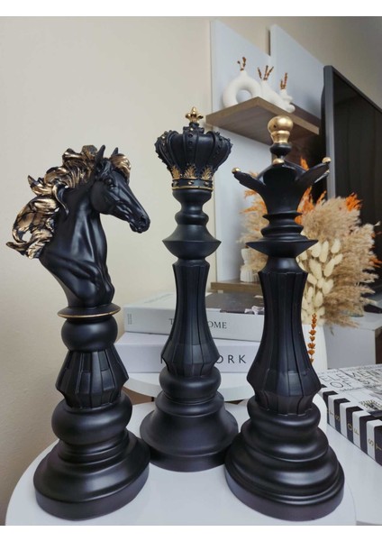Dekoratif Büyük Boy (40 cm ) Polyester Siyah 3'lü Set Satranç Biblo Takımı