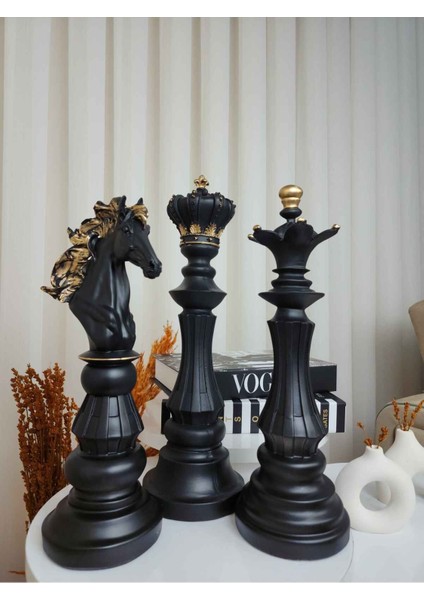 Dekoratif Büyük Boy (40 cm ) Polyester Siyah 3'lü Set Satranç Biblo Takımı indirimleri