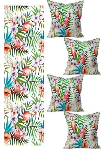 Çift Taraf Baskılı 5 Parça Kırlent ve Runner Seti Çok Renkli Mikro Petek Materyal