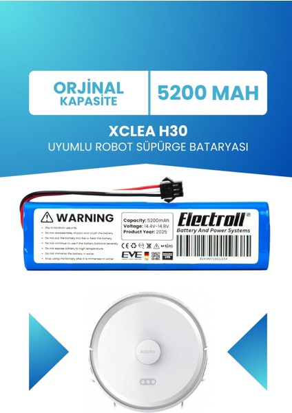 Xclea H30 Uyumlu Batarya (ORJİNAL KAPASİTE) 5200mah Pil Robot Süpürge Batarya Değişimi