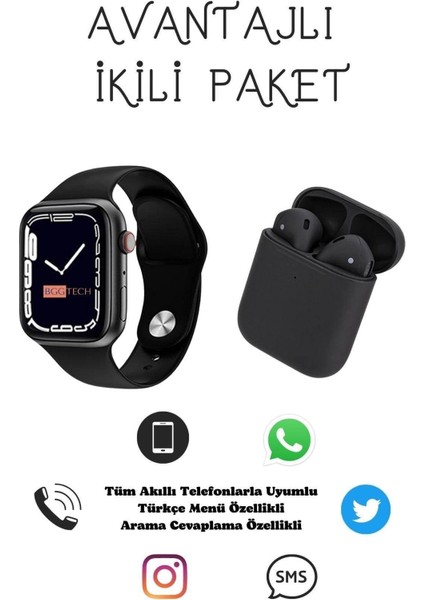 Iphone 8 Plus Uyumlu Watch 7 Series JD77 Akıllı Saat + Tws I12 Bluetooth Kulaklık