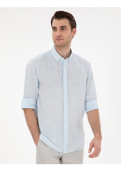 Erkek Açık Mavi Keten Görünümlü Slim Fit Uzun Kollu Gömlek 50302710-VR003