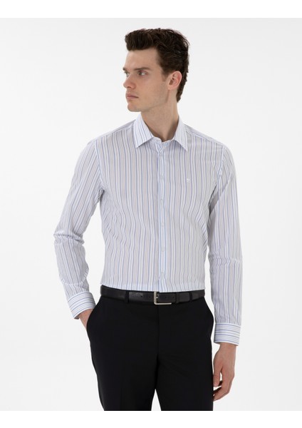Erkek Mavi Çizgili Slim Fit Uzun Kollu Gömlek 50304538-VR036