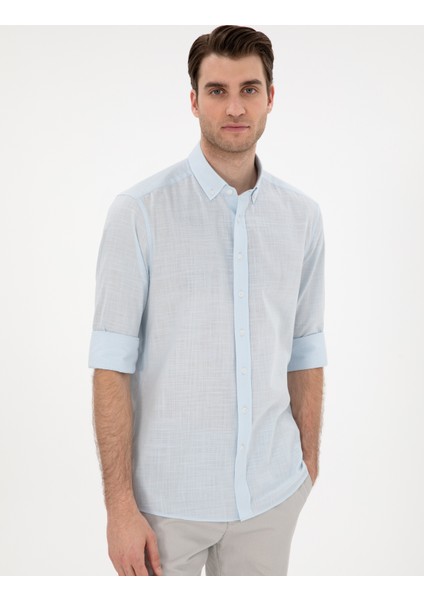Erkek Açık Mavi Keten Görünümlü Slim Fit Uzun Kollu Gömlek 50302710-VR003