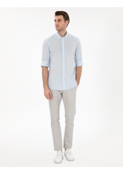 Erkek Açık Mavi Keten Görünümlü Slim Fit Uzun Kollu Gömlek 50302710-VR003