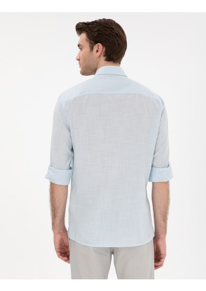 Erkek Açık Mavi Keten Görünümlü Slim Fit Uzun Kollu Gömlek 50302710-VR003