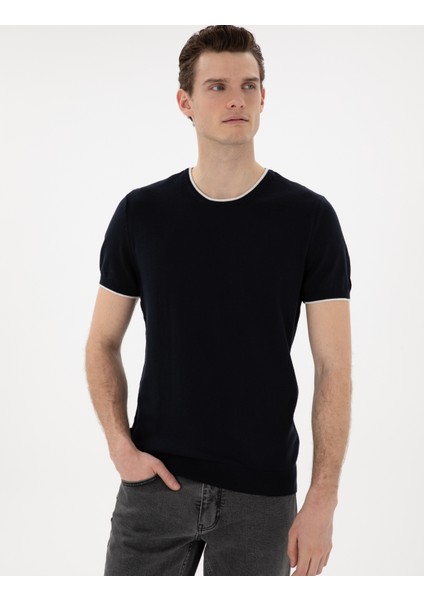 Erkek Lacivert Slim Fit Bisiklet Yaka Triko Tişört 50307401-VR033
