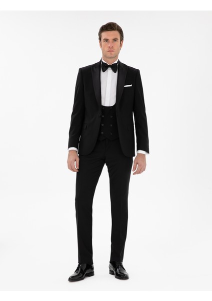Erkek Siyah Slim Fit Yün Karışımlı Yelekli Smokin Dmatlık 50306087-VR046