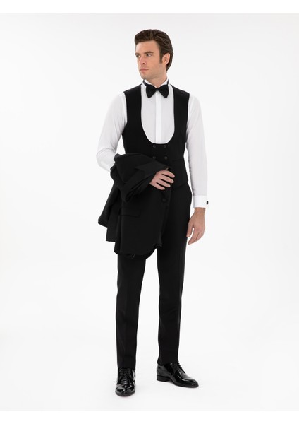 Erkek Siyah Slim Fit Yün Karışımlı Yelekli Smokin Dmatlık 50306087-VR046