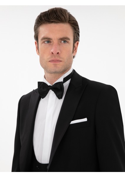 Erkek Siyah Slim Fit Yün Karışımlı Yelekli Smokin Dmatlık 50306087-VR046