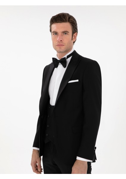 Erkek Siyah Slim Fit Yün Karışımlı Yelekli Smokin Dmatlık 50306087-VR046