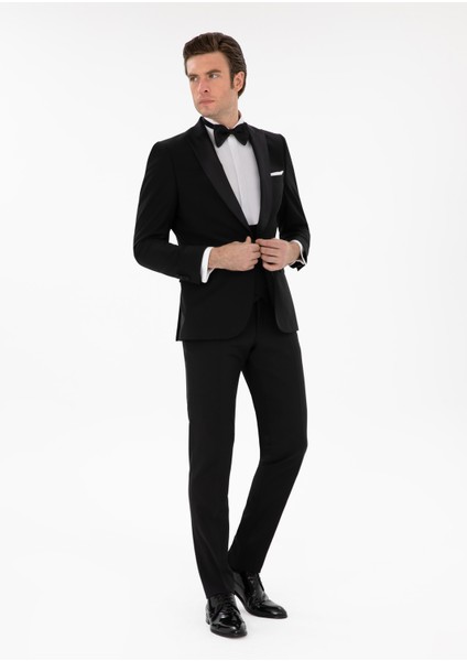 Erkek Siyah Slim Fit Yün Karışımlı Yelekli Smokin Dmatlık 50306087-VR046