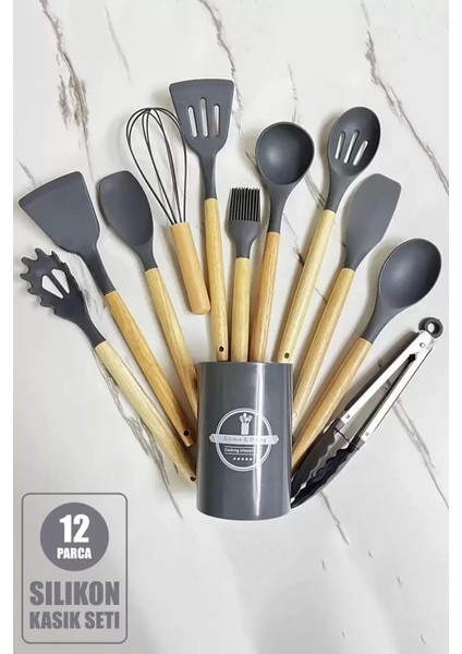 12 Parça Standlı Bambu Saplı Isıya Dayanıklı Silikon Yanmaz Yapışmaz Servis Maşa Seti Gri