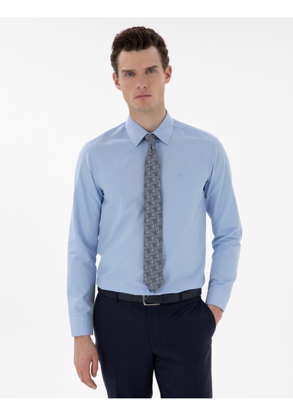Erkek Mavi Slim Fit Uzun Kollu Klasik Basic Gömlek 50302991-VR036