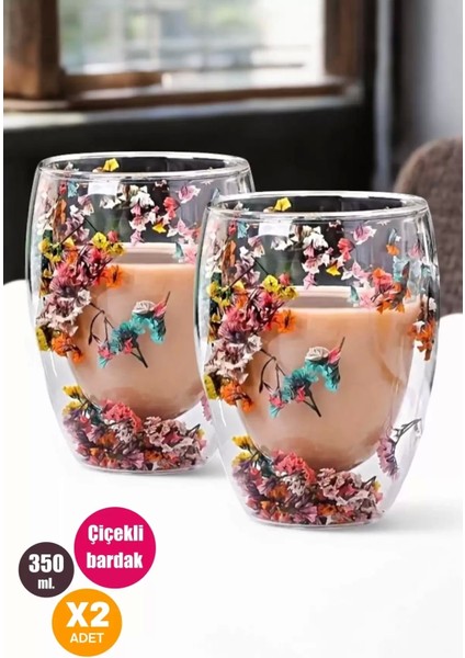 2'li Çift Cidarlı Flower Cup 350ML Çiçekli Bardak Kahve Çay Bardağı El Yapımı Cam Bardak Seti