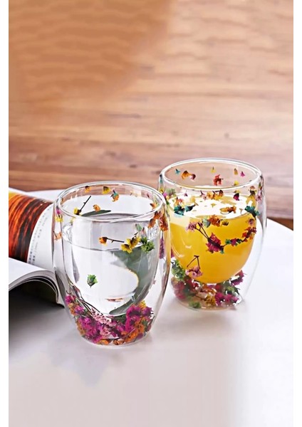 2'li Çift Cidarlı Flower Cup 350ML Çiçekli Bardak Kahve Çay Bardağı El Yapımı Cam Bardak Seti