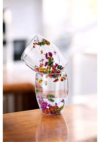 2'li Çift Cidarlı Flower Cup 350ML Çiçekli Bardak Kahve Çay Bardağı El Yapımı Cam Bardak Seti