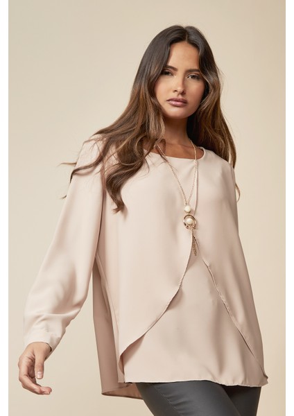 Bej Uzun Kollu Katmanlı Oversize Kadın Bluz