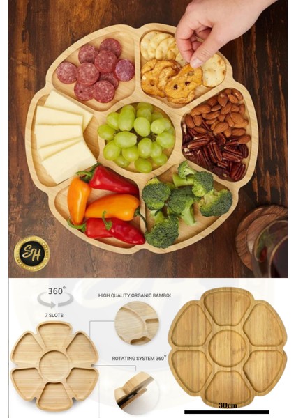 Bölmeli 360 Derece Dönerli Sunum Tabağı Kahvaltılık , Çerezlik, Sunumluk Bambu