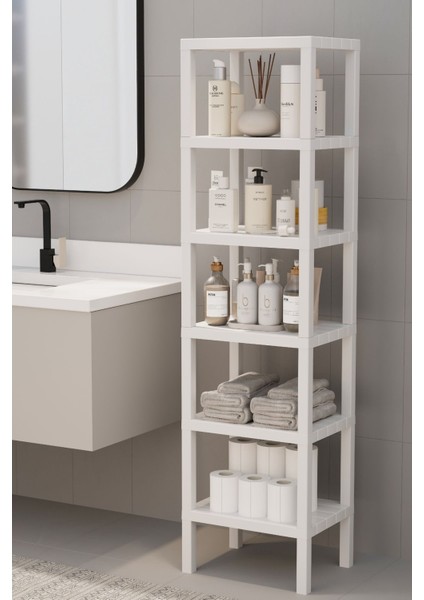 6 Katlı Dikey Raf Düzenleyici Plastik Raf Ünitesi Beyaz, Kitaplık, Banyo, Mutfak Rafı, Beyaz