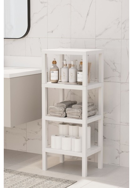 4 Raflı Dikey Raf Düzenleyici Plastik Raf Ünitesi Beyaz, Kitaplık, Banyo, Mutfak Rafı, Beyaz