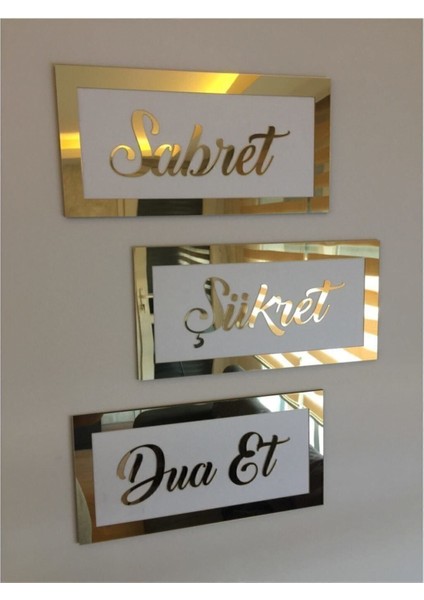 Olumlu enerji ve şükür temalı 3 parça altın ahşap dekoratif ürün