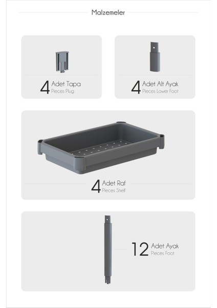 4 Katlı Mutfak Rafı & Banyo Raf Ünitesi, Gri