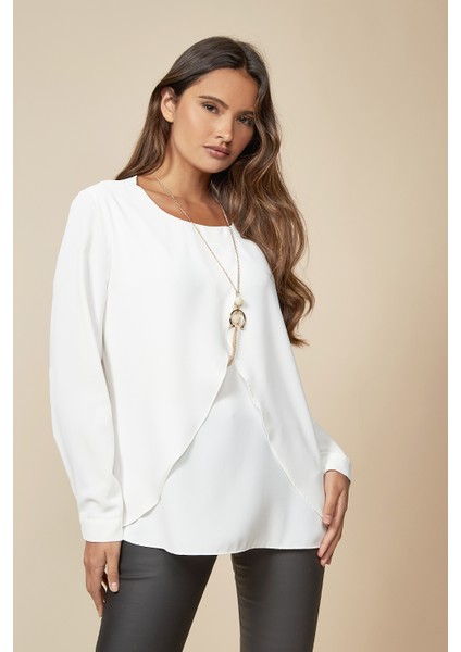 Beyaz Uzun Kollu Katmanlı Oversize Kadın Bluz
