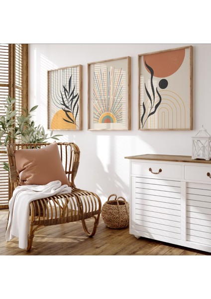 Ceviz tonlu 3'lü ahşap çerçeveli dekor tablo seti