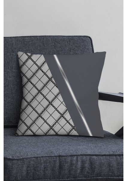 Antrasit tay tüyü dokuma kırlent kılıfı, ekoseli çift taraflı, GRİ, KRL1091