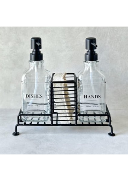 Mutfak Sabun Ve Deterjan Dispenser Seti Demir Çiftli Pompa Ve Sünger Standı 500 Ml Siyah