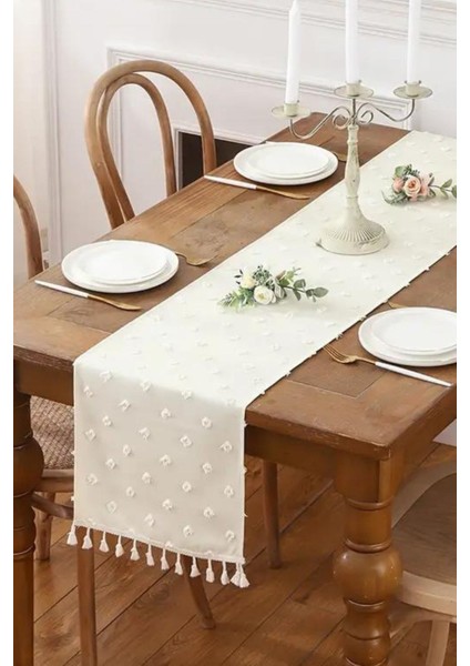 Ponpon ve püsküllü dikdörtgen runner, 40x140 cm, polyester, şık ve zarif tasarım