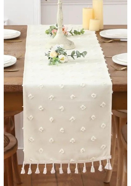 Ponpon ve püsküllü dikdörtgen runner, 40x140 cm, polyester, şık ve zarif tasarım