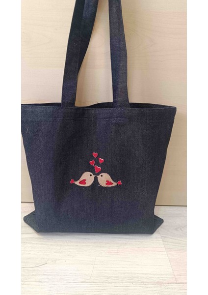 Nakışlı Lacivert Denim/kot/jean Omuz Çantası