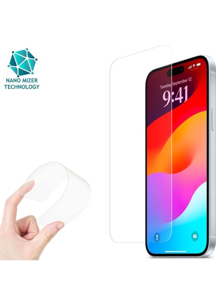 (Esnek Nano Cam) iPhone 15 Plus Uyumlu Ultra Ince Darbe Korumalı Esnek Nano Mizer Ekran Koruyucu
