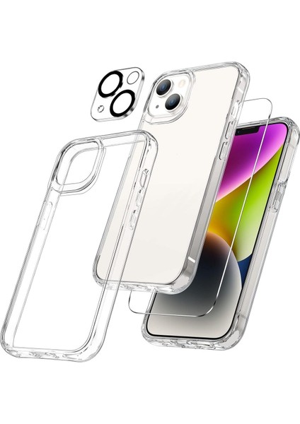 (Şef+Cam+Lens) iPhone 14 Uyumlu 1 Şeffaf Kılıf + 1 Ekran Koruyucu + 1 Kamera Lens Koruyucu