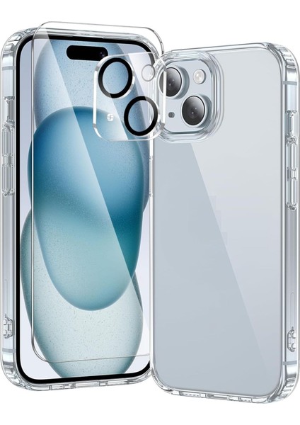 (Şef+Cam+Lens) iPhone 15 Plus Uyumlu 1 Şeffaf Kılıf + 1 Ekran Koruyucu + 1 Kamera Lens Koruyucu