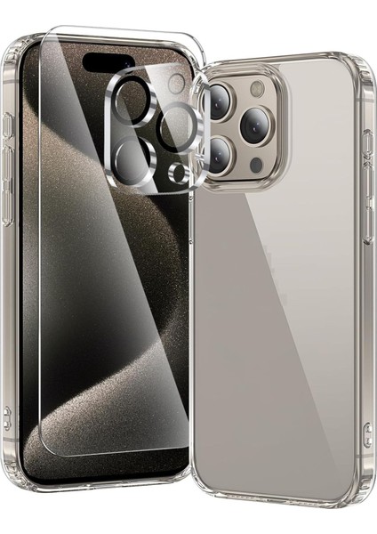 (Şef+Cam+Lens) iPhone 15 Pro Max Uyumlu 1 Şeffaf Kılıf + 1 Ekran Koruyucu + 1 Kamera Lens Koruyucu