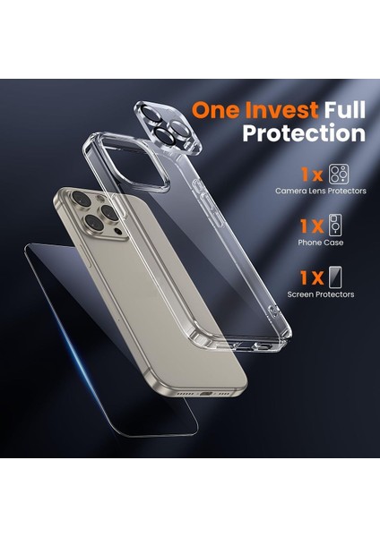 (Şef+Cam+Lens) iPhone 15 Pro Max Uyumlu 1 Şeffaf Kılıf + 1 Ekran Koruyucu + 1 Kamera Lens Koruyucu fiyatları