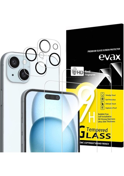 (2 Cam + 2 Lens) iPhone 15 Plus Uyumlu 2 Adet Ekran Koruyucu ve 2 Adet Kamera Lens Koruyucu