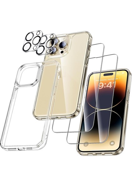 (5'i 1 Arada) iPhone 14 Pro Uyumlu 1 Şeffaf Kılıf + 2 Ekran Koruyucu + 2 Kamera Lens Koruyucu
