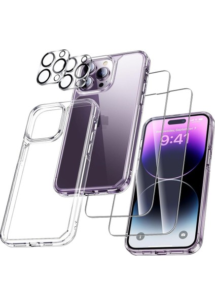 (5'i 1 Arada) iPhone 14 Pro Max Uyumlu 1 Şeffaf Kılıf + 2 Ekran Koruyucu + 2 Kamera Lens Koruyucu