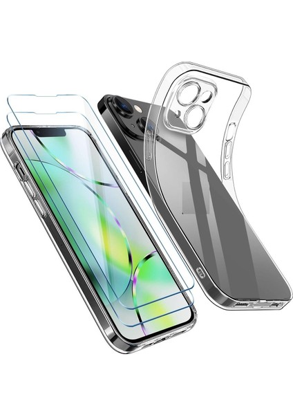 (2 Cam 1 Kılıf) Iphone 14 Uyumlu 1 Şeffaf Silikon Kılıf 2 Cam Ekran Koruyucu