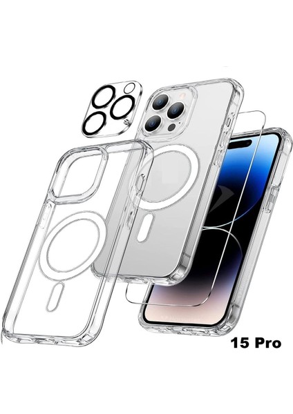 (3'ü 1 Arada) iPhone 15 Pro Uyumlu 1 Magsafe Kılıf + 1 Ekran Koruyucu + 1 Kamera Lens Koruyucu