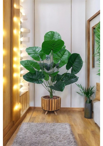 Yapay Difenbahya Salon Bitkisi Ahşap Saksı 90 cm