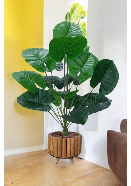 Yapay Difenbahya Salon Bitkisi Ahşap Saksı 90 cm
