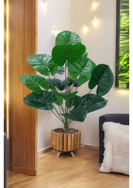 Yapay Difenbahya Salon Bitkisi Ahşap Saksı 90 cm