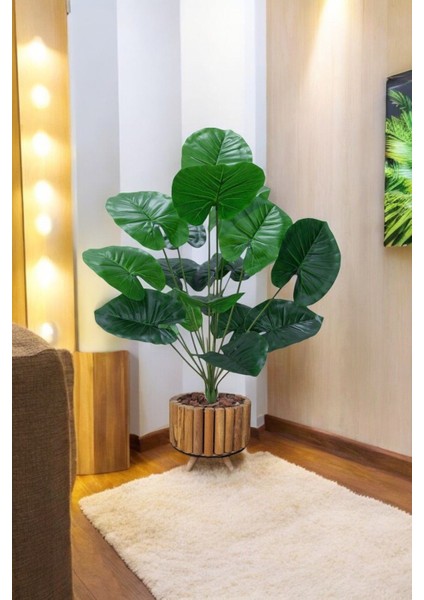 Yapay Difenbahya Salon Bitkisi Ahşap Saksı 90 cm