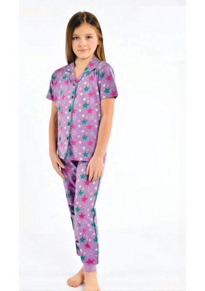 511G Kız Çocuk Desenlı Kısa Kollu Boydan Patlı Garson Pijama Takımı